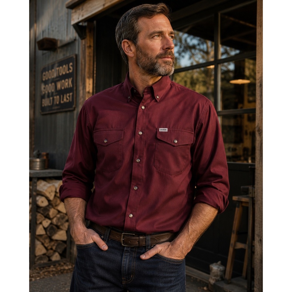 Dixxon Bordeaux D-Tech Pearl Snap Performance Shirt Burgundy Workwear‎ XXL